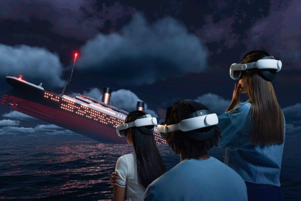 Ilustración de 3 personas viendo el Titanic con lentes de realidad virtual