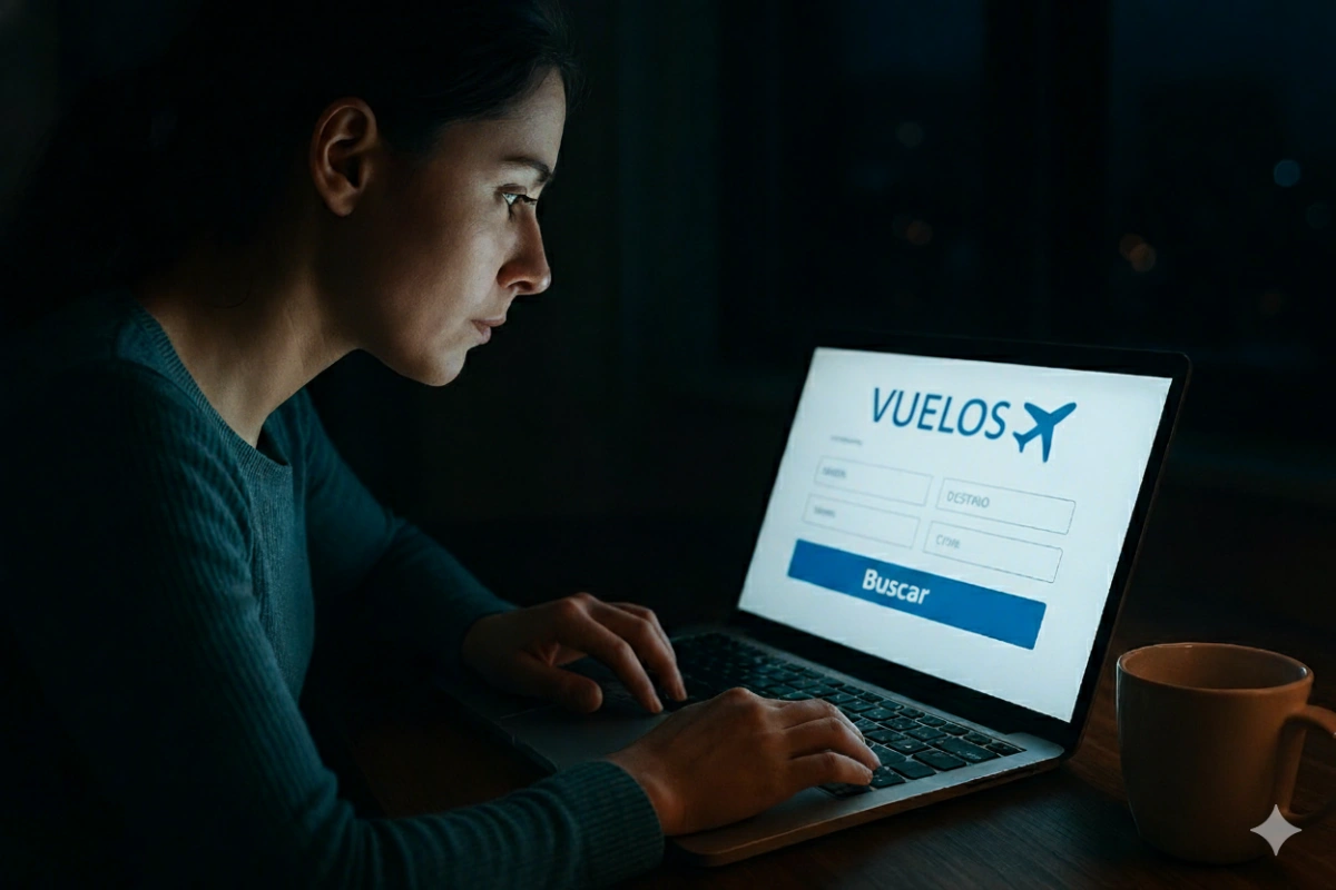ujer buscando vuelos baratos en la madrugada desde su laptop
