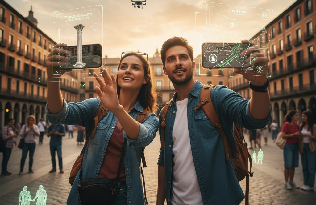 Turistas usando realidad aumentada