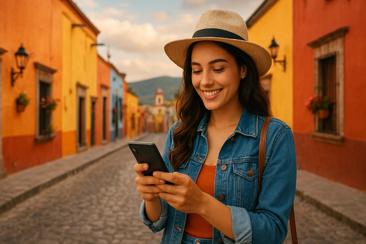 Mujer usando el celular en un pueblo mágico
