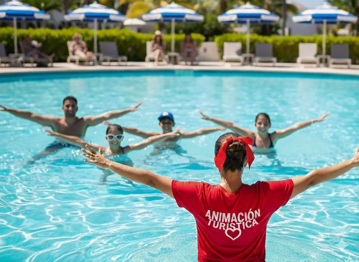 Animación turística en la alberca de un hotel