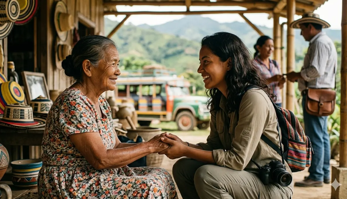 Mujer anciana indígena y turista
