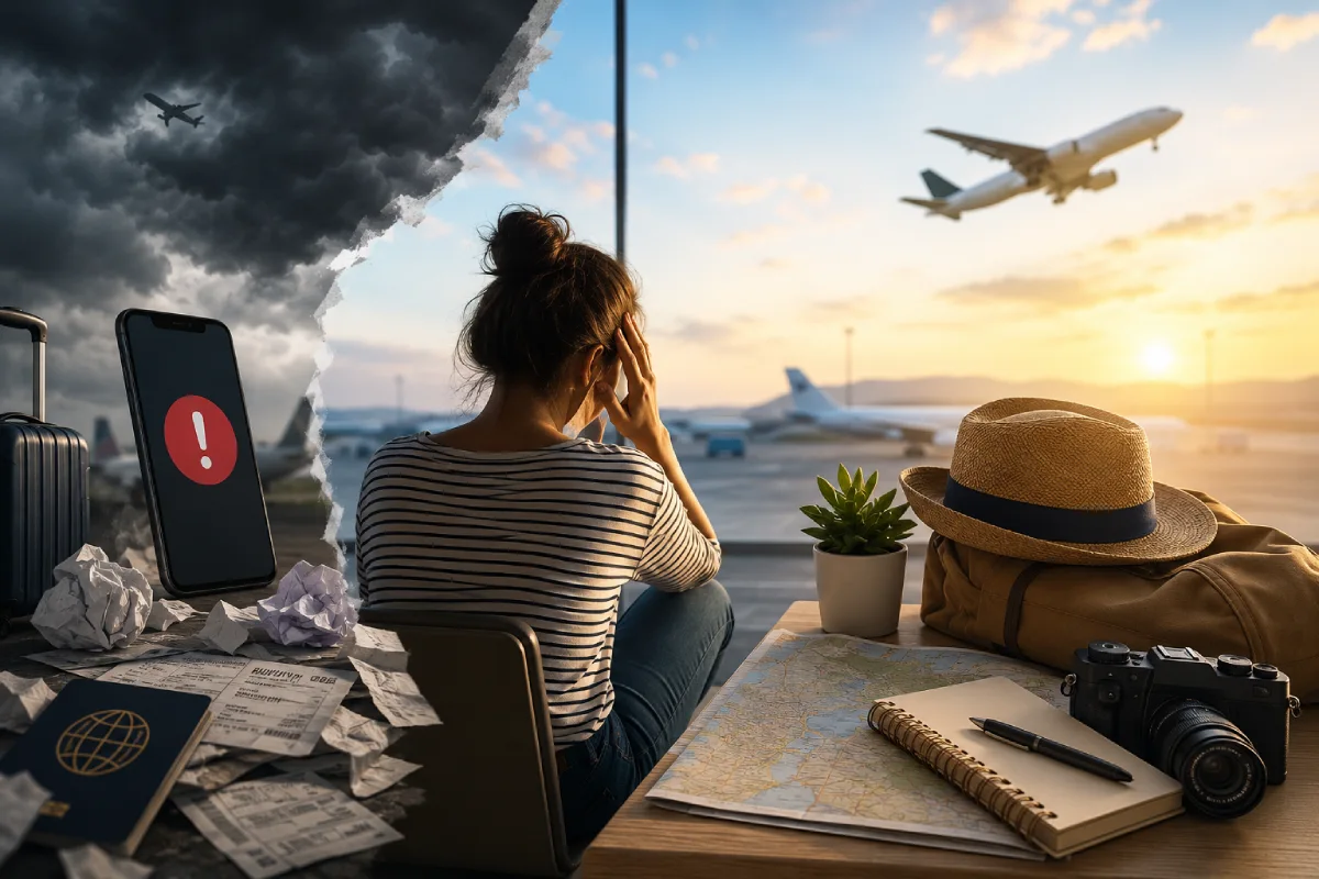 Mujer viajera en el aeropuerto frustrada