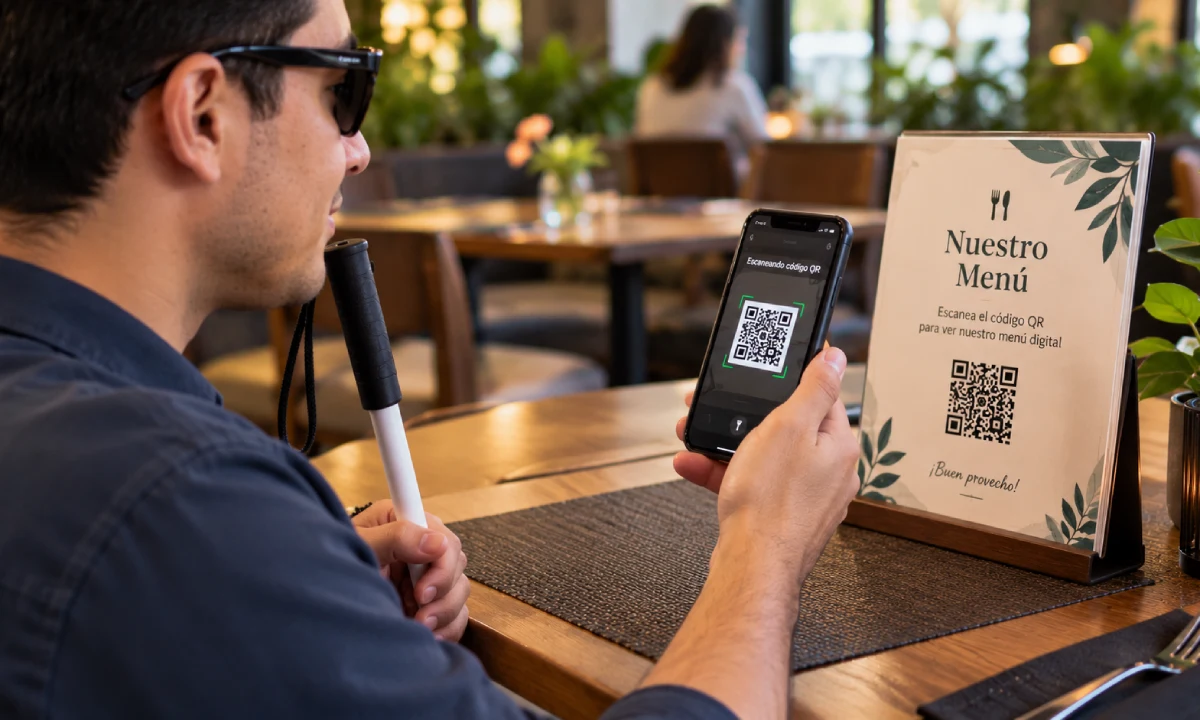 Persona ciega escaneando el codigo qr de un menú